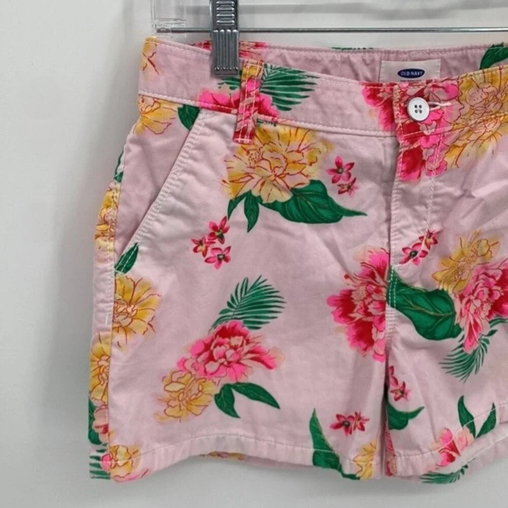 Old Navy Printed Chino Pink Green Floral Adjustable Waist Shorts Girls 16